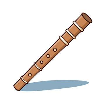 Brown wooden bamboo flute with finger holes and light blue shadow
