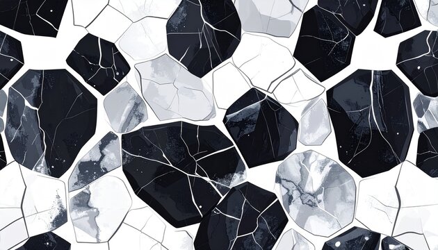 Obsidian volcanic glass seamless pattern with conchoidal fractures in black and white flat illustration