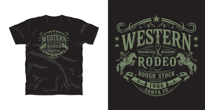 Western rodeo broncos riders vintage emblem graphic for t shirt.