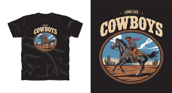 Long life cowboys vintage western badge showing rider on horse in desert landscape.