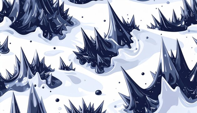 Ferrofluid spike formations seamless pattern in monochrome line art illustration on white background