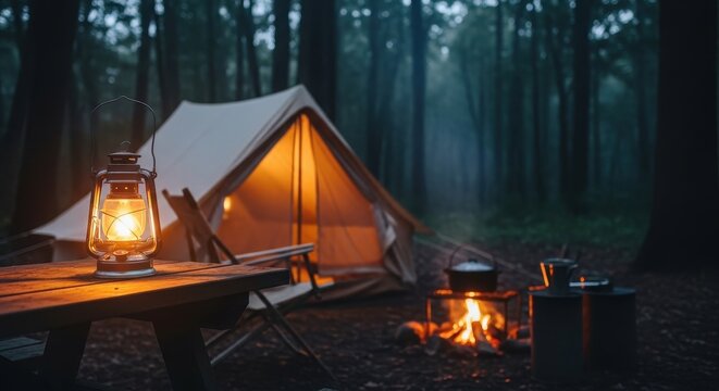 Tent Casting Warm Light Near Campfire in Serene Woodland Setting