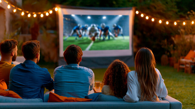 Group of friends watching american football outdoors on backyard projector during summer evening