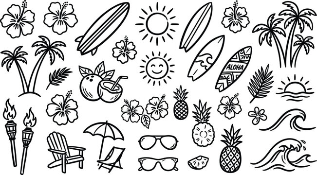Tropical summer vacation icons and symbols