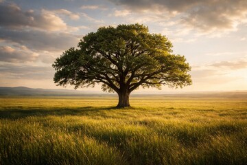 Fototapeta premium unique tree standing tall within an endless open grassland scene
