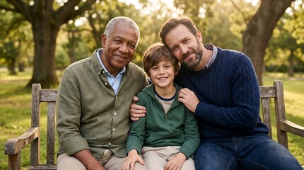 Fototapeta premium Father and son with grandfather posing for photo in park, three people