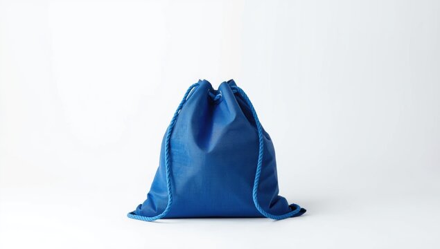 Blue cinch bag prominently placed on a plain white background