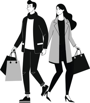 vector illustration of a stylish man and woman walking side by side while holding shopping bags 
