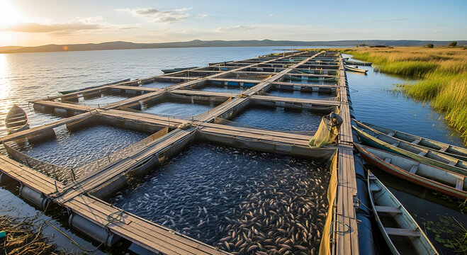 Wooden fish farming pens extending into calm water at sunrise with misty landscape
