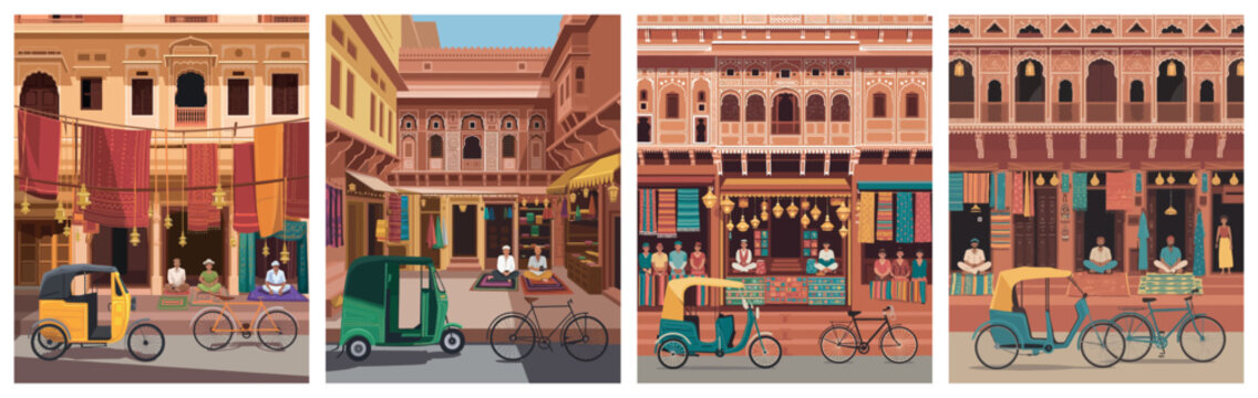 Indian Street Market Illustration with Rickshaws and Traditional Architecture