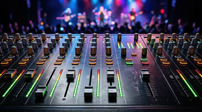 A close up of a professional audio mixing console with glowing faders and knobs during a concert