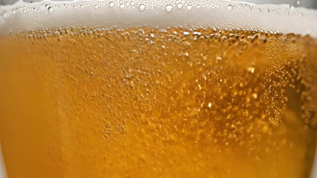 Closeup of golden beer with rising bubbles and foam head.