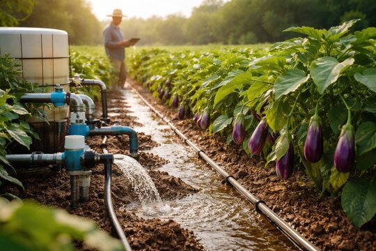 Sustainable fertigation practices improving water use in brinjal farm cultivation