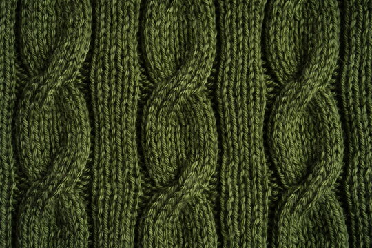 Olive green cable knit texture background, chunky braided wool pattern closeup
