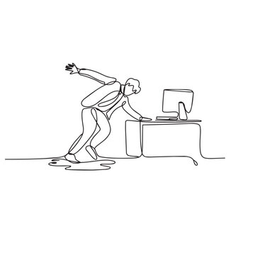 Continuous line drawing of businessman slipping on wet floor near office desk and computer.