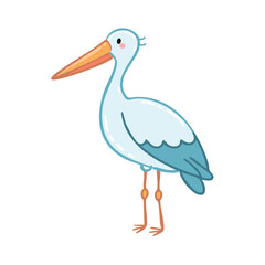 Fototapeta premium Cute cartoon stork standing isolated on a white background with its beak pointing left.