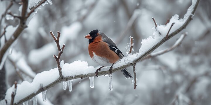 Bullfinch perched on icy branches emphasizing the stark contrast of red feathers and white snow