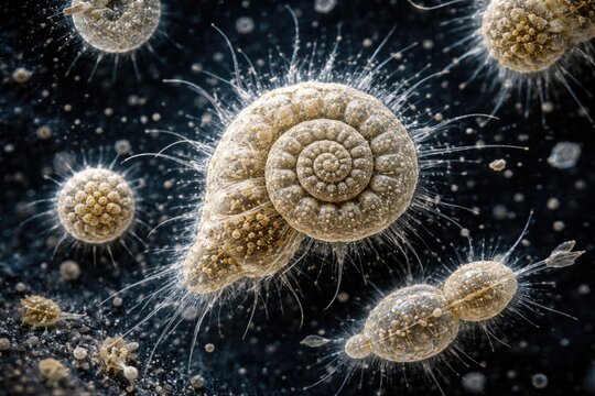 Scientific examination of foraminifera marine amoeboid protists with 400 times magnified imagery