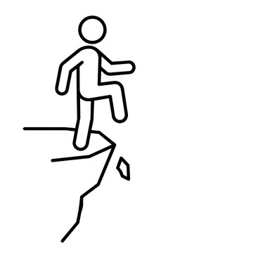 Minimalist stick figure stepping off a cliff edge line art illustration