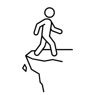 Minimalist stick figure walking to a cliff edge line art illustration