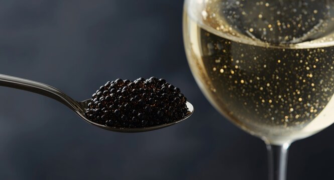 A spoonful of luxurious black caviar beside a sparkling white wine glass