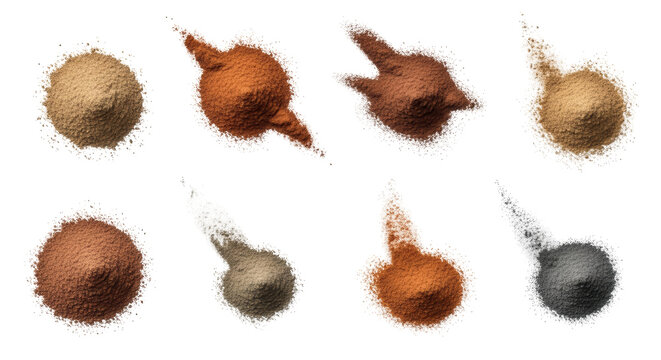 assorted powder piles exploding on white backdrop for color texture and conceptual design