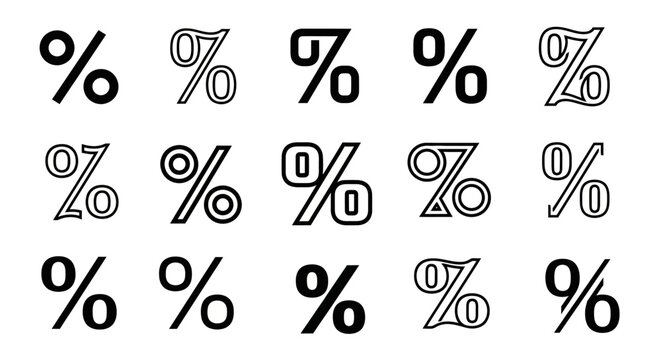 Percent Symbols Collection: A graphic representation featuring a diverse collection of percent symbols in various styles, fonts, and designs, illustrating numerical value and proportion.