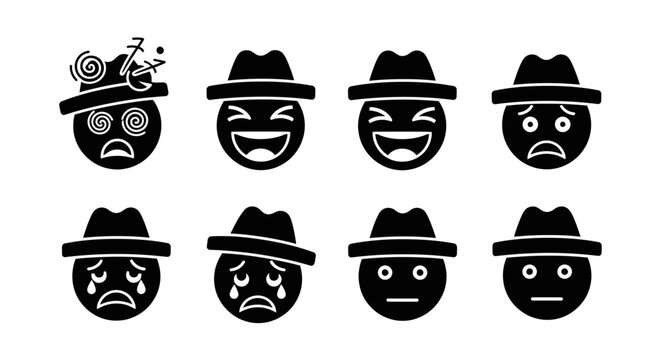 Emoticon Array: A collection of eight black and white emoticon icons, each wearing a fedora hat and displaying a different emotion, from extreme joy to sorrow and dizziness.