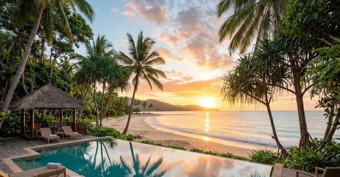 A serene tropical beach resort with a pool and palm trees on transparent background