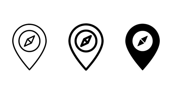 Location Pin Icons with Compass, Navigation Map Markers, Travel Direction Symbols
