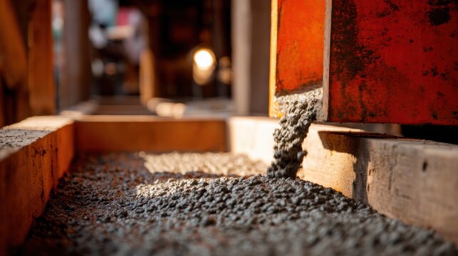 Fresh concrete flowing from an industrial chute into wooden mold at a construction site with warm sunlight creating dynamic shadows and texture details
