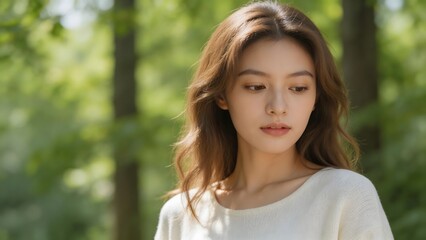 Naklejka premium Young woman in forest setting