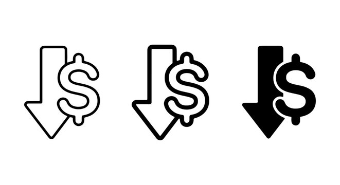 Dollar Sign Down Arrow Icons, Price Decrease Symbols, Financial Loss Vector Set