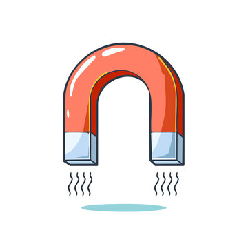 Bold red horseshoe magnet with glowing ends attracting invisible force and wisps