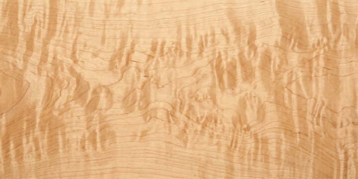 Close-up shot of a beautifully figured maple wood grain with a natural, warm blonde hue and undulating patterns that create a visually captivating texture.