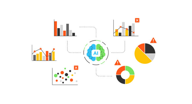 AI Data Analytics Illustration with Brain Icon, Charts, Graphs, and Error Detection Icons for Machine Learning and Business Intelligence