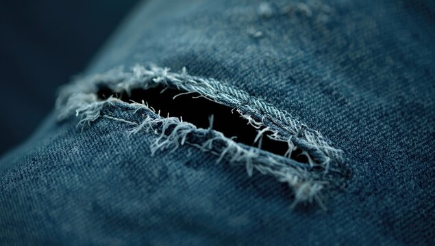 Aged denim fabric in blue with a conspicuous rip and exposed frayed threads