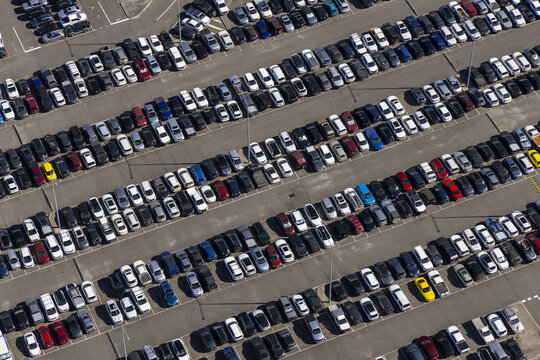 Melbourne Airport, Australia - 01 May 2026: Aerial view of the Value Car Park with rows of vehicles parked in diagonal spaces on a sunny day.