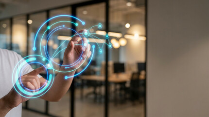 Fototapeta premium Hands interacting with futuristic digital interface in modern office with holographic data visualization and neon glow