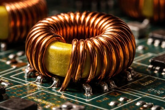 Macro shot of copper wire wrapped around yellow ferrite toroidal inductors on circuit board