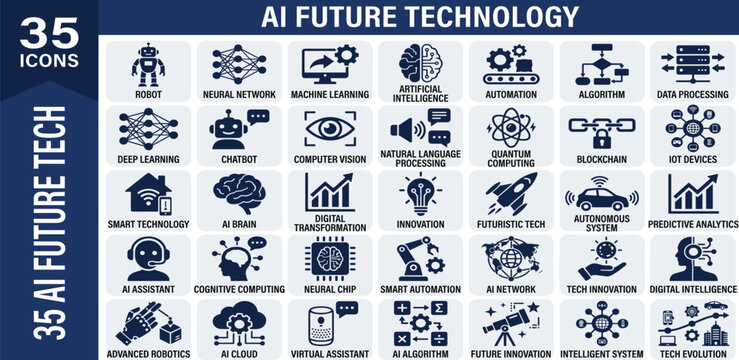  AI future technology solid icon set featuring artificial intelligence brain, machine learning robot, cyber security shield, and smart cloud network vector symbols.