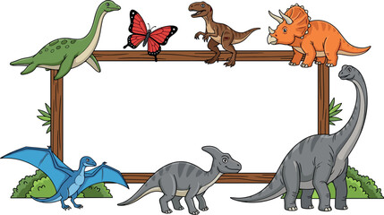 Cute Cartoon Dinosaur Characters Around Wooden Frame Border with Butterfly and Tropical Leaves Vector Illustration on White Background © Rejaul