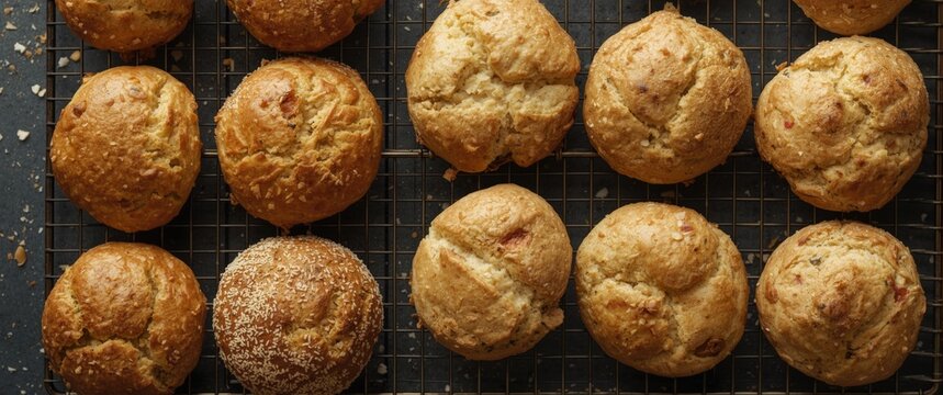 Assorted Cheese Buns and Scones on Metal Oven Tray Top View, Warm and Rustic