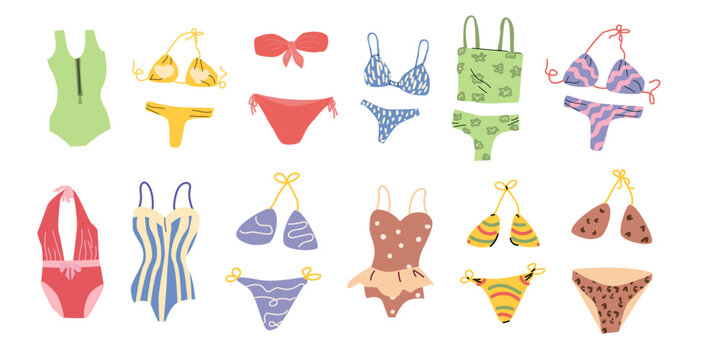 Cartoon swimsuit set. Vector illustration isolated on white. Swimwear icon set. Cartoon collection of bikini and other beach clothes.