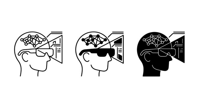 Virtual Reality Headset User, AI Brain Network, Futuristic Interface Icons