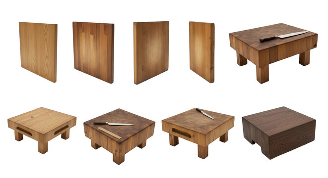 wooden cutting boards and butcher block in various perspectives on a white background kitchenware and food preparation