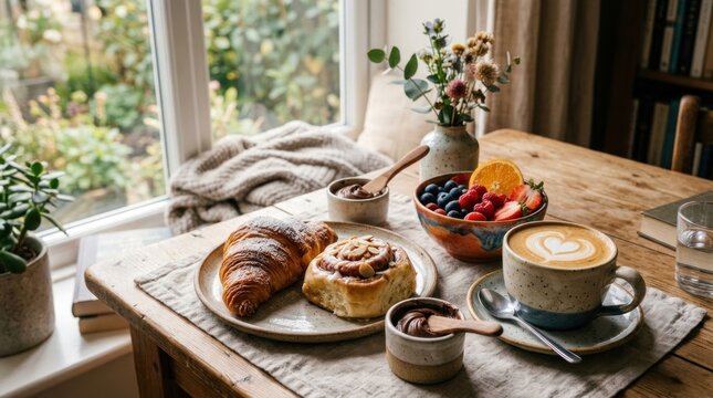 A cozy breakfast scene is set on a rustic wooden table next to a window.