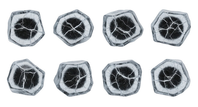 eight isometric objects internal features and cracks set against a white backdrop for conceptual designs and science illustrations