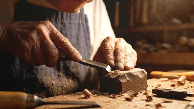 Skilled craftsman carves intricate design into wood block using chisel, showcasing meticulous detail and traditional woodworking artistry in workshop setting.