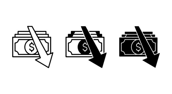 Money Down Arrow Icons, Financial Loss Symbols, Currency Decrease Vector Set